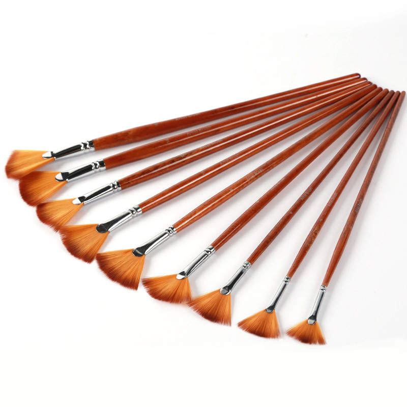 New 9PCS Fan-shaped Watercolor Pen Set, Wooden pole Nylon hair School Painting Drawing Brush
