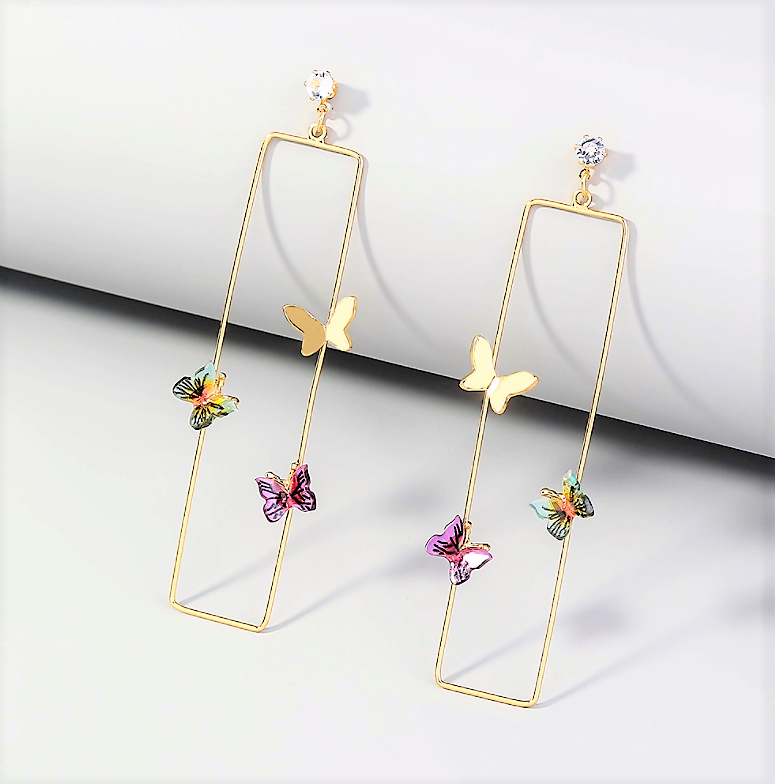 New product hot sale metal temperament long geometric shape multicolor butterfly earrings fashionable wild exaggerated earrings