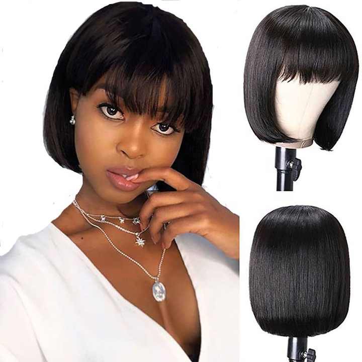Straight Bob Wig With Bangs 200% Density Brazilian Human Hair Full Machine Wig with Bangs For Black Women
