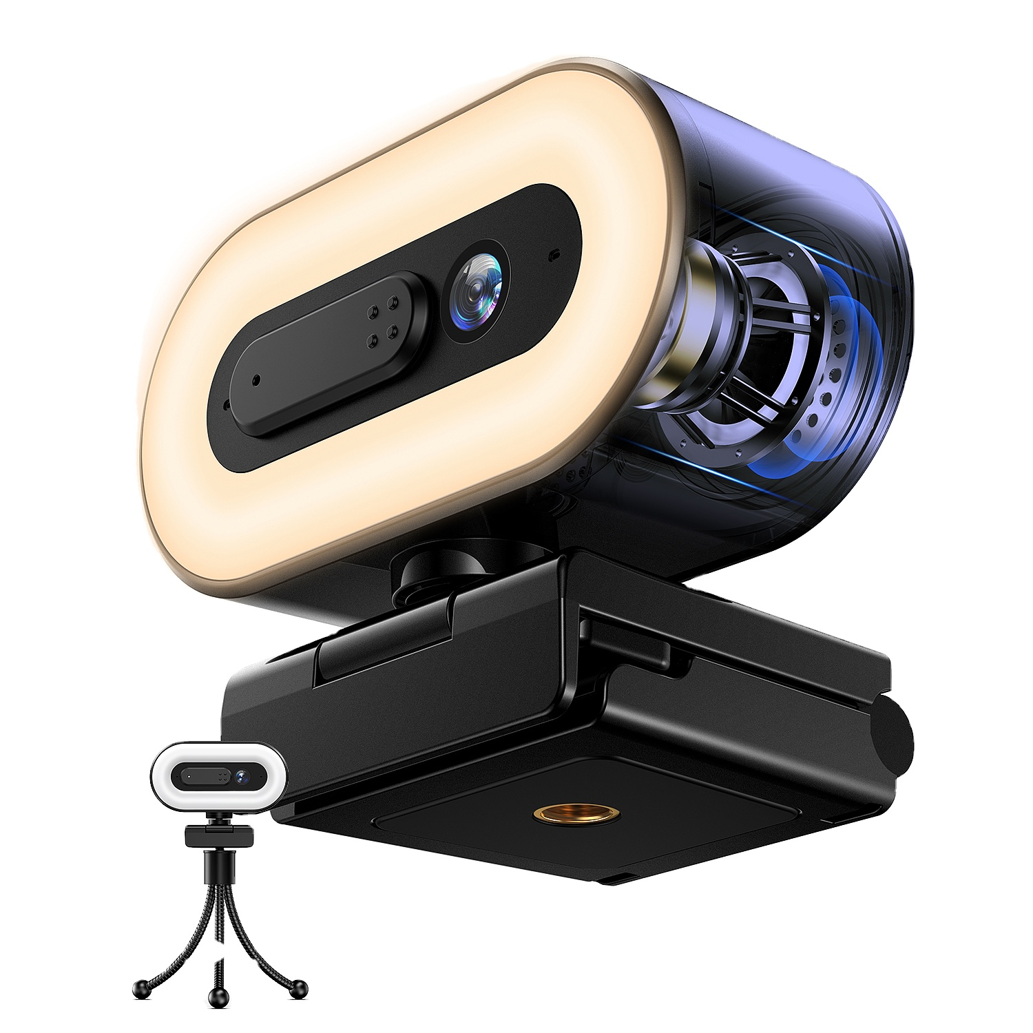 UHD 2K PC веб-камера с углом обзора 360 градусов с регулируемым кольцевым светом, потоковая веб-камера для прямых трансляций с микрофоном, мини-камера