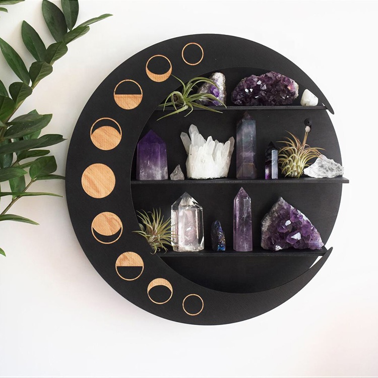 Rustic Wall Mounted Round Moon Shelf Decorative Wood Wall Moon Shelf Shelves Home Deco