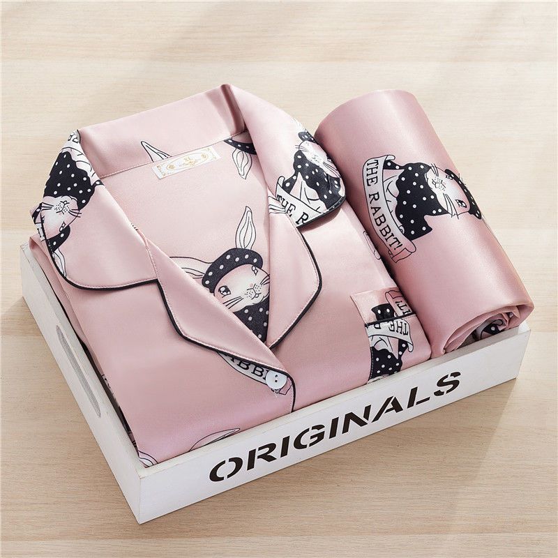 Custom Adult Cute Ice Silk Printing Women 2 Piece Long Sleeve Pajamas Sets