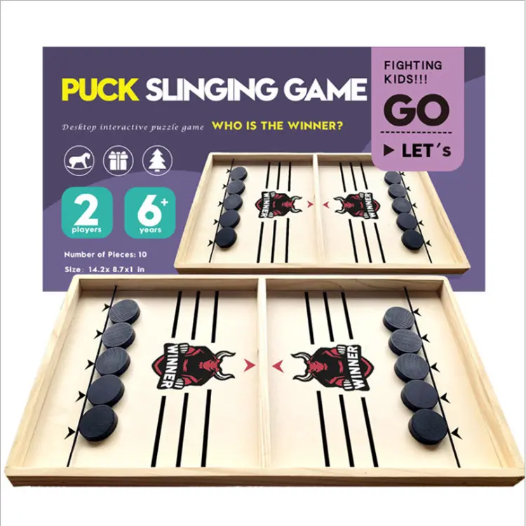 Wooden Ice Hockey Sling Puck Game Toy Parent Child Football Winner Games Interactive Catapult Chess Fast Sling Puck Table Board