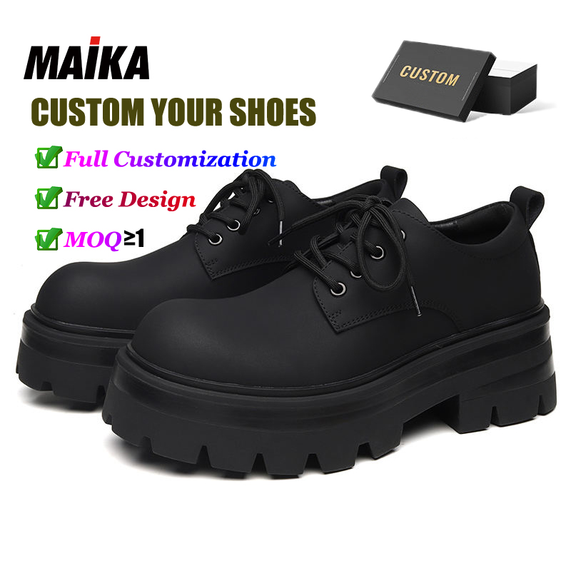 Customizable Men's High-Heeled Genuine Leather Shoes with Lace Closure and Chunky Platform