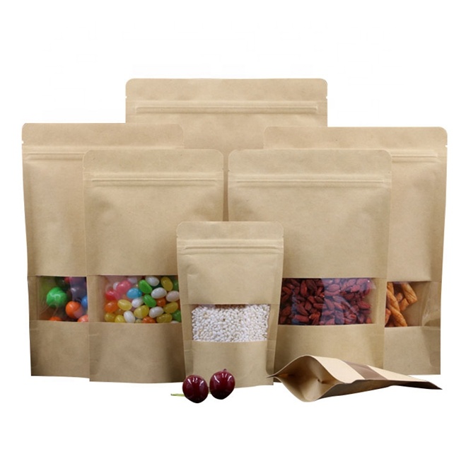 Doypack Ziplock Коричневый Белый крафт ремесло бумага стоя вверх мешки пищевой упаковки молнии сумки с окном