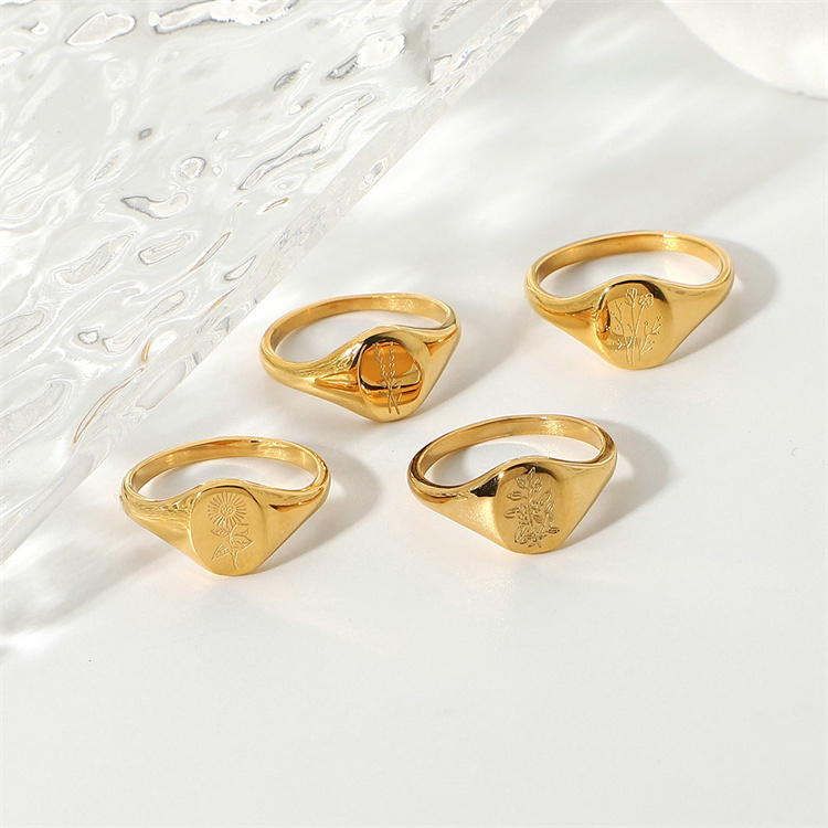 18K Gold Plated Flower Signet Ring Stainless Steel Flower Ring Stainless Steel Rings