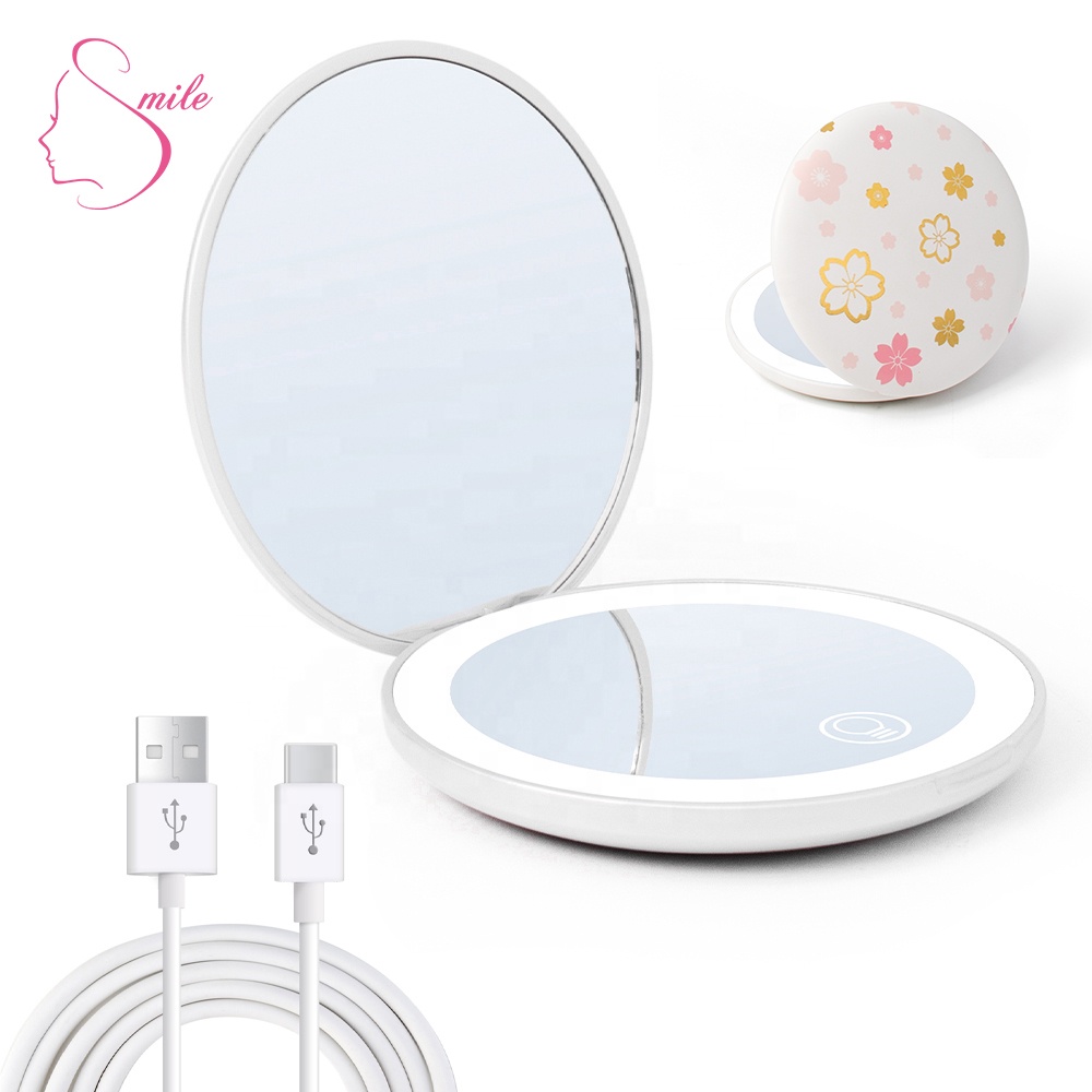 Promotional Product Business Gift item Private Label Customized Small Round Plastic LED Makeup Pocket Mirror