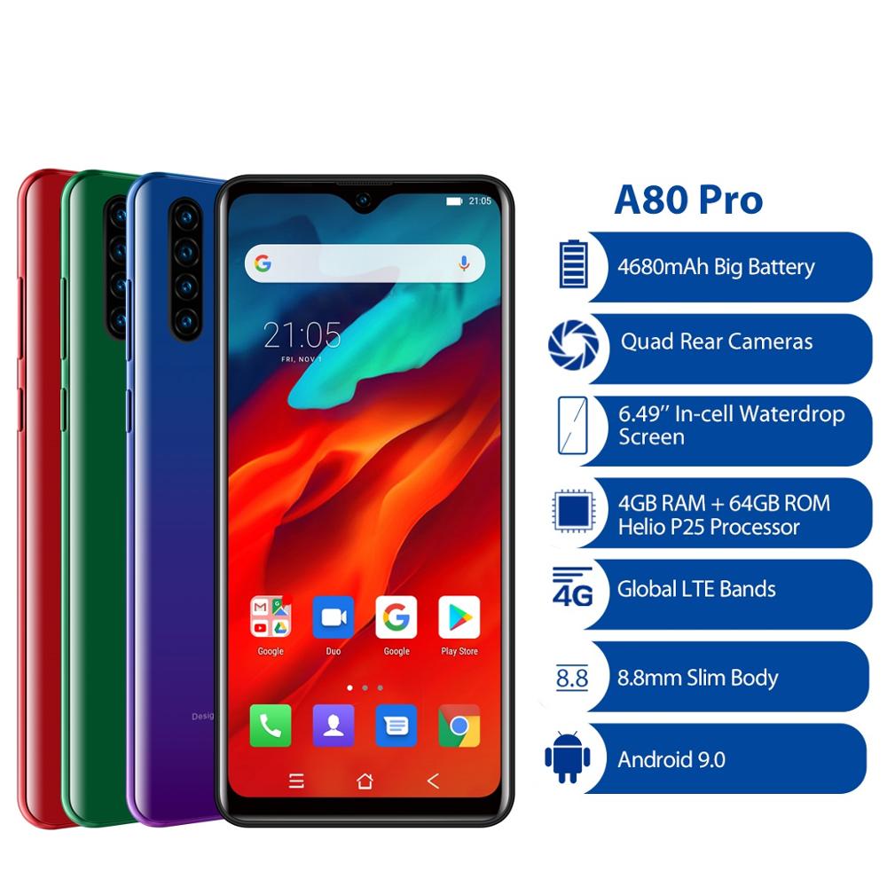 Глобальная версия Blackview A80 Pro Quad камера заднего вида, четыре ядра, 4 Гб + 64 Гб мобильный телефон 6,49 "в виде капли воды, 4680 мА/ч, 4G Мобильный телефон Смартфон