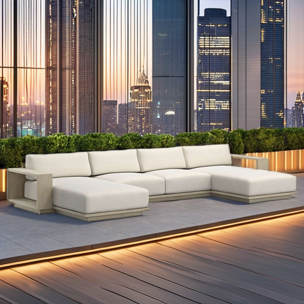 Modern Luxury All Weather Patio Garden Hotel Pool Sofa Set Outdoor Solid Wood Furniture Teak Modular U-Sofa Chaise Sectional