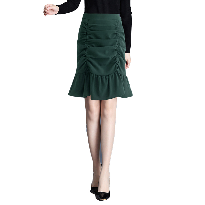 Fishtail skirt female autumn bag hip 2021 commuter high waist slim pleated skirt dark green Ruffle Skirt