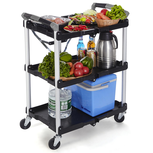 Factory Price 3 Tiers Plastic fold Service Cart Food Trolley Cart / Plastic Folding Service Hotel Cart