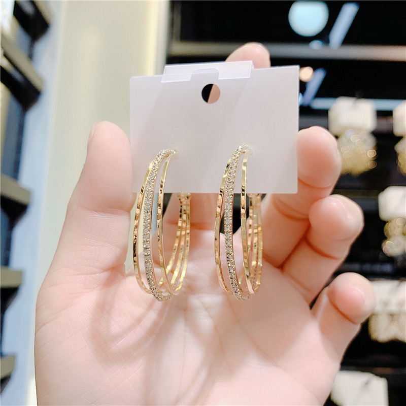 Trend Jewelry Alloy Three-layer rhinestone C shape bling women big hoop Round shape earrings