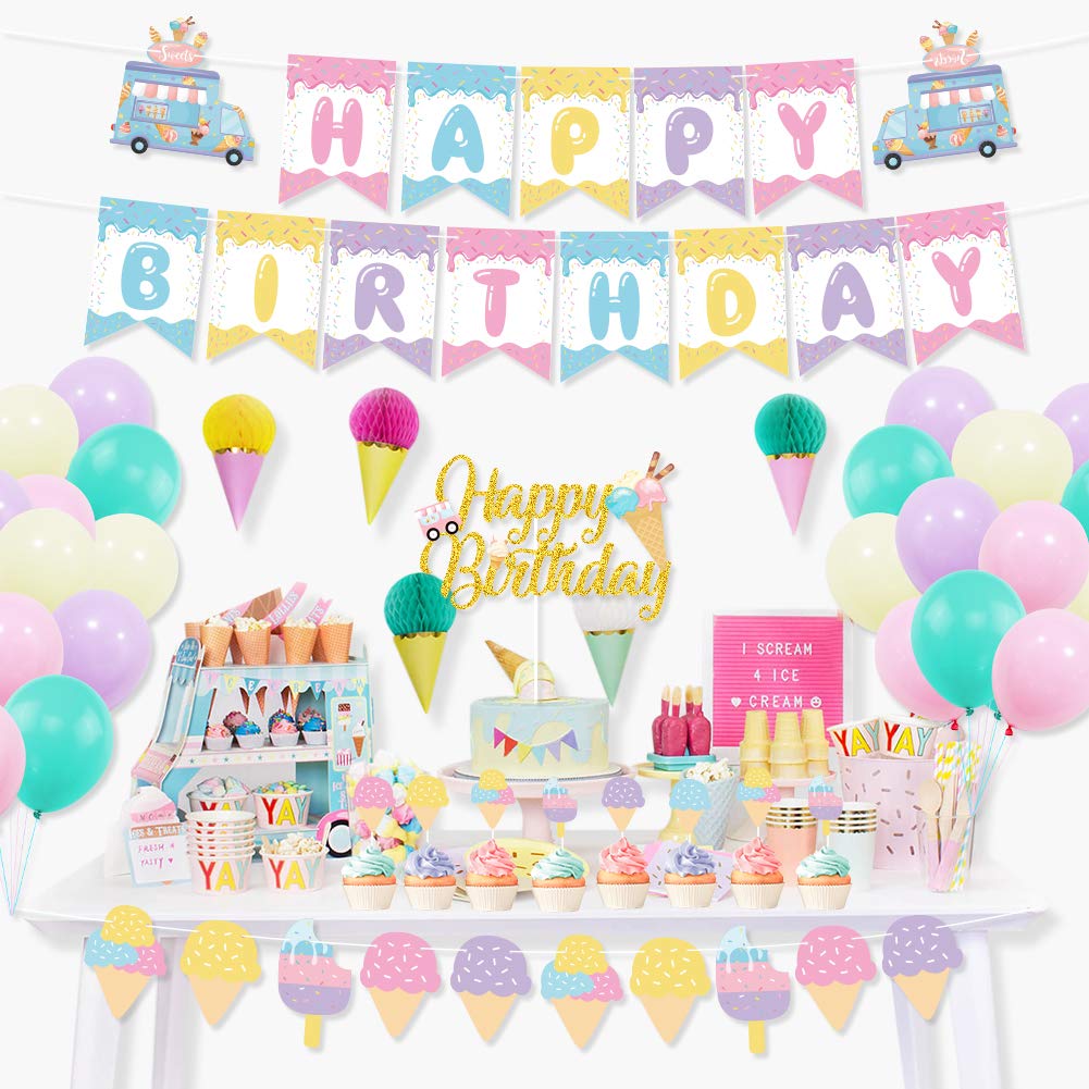 Ice Cream Sweet Bday Party Happy Birthday Banner and Cake Topper decorations