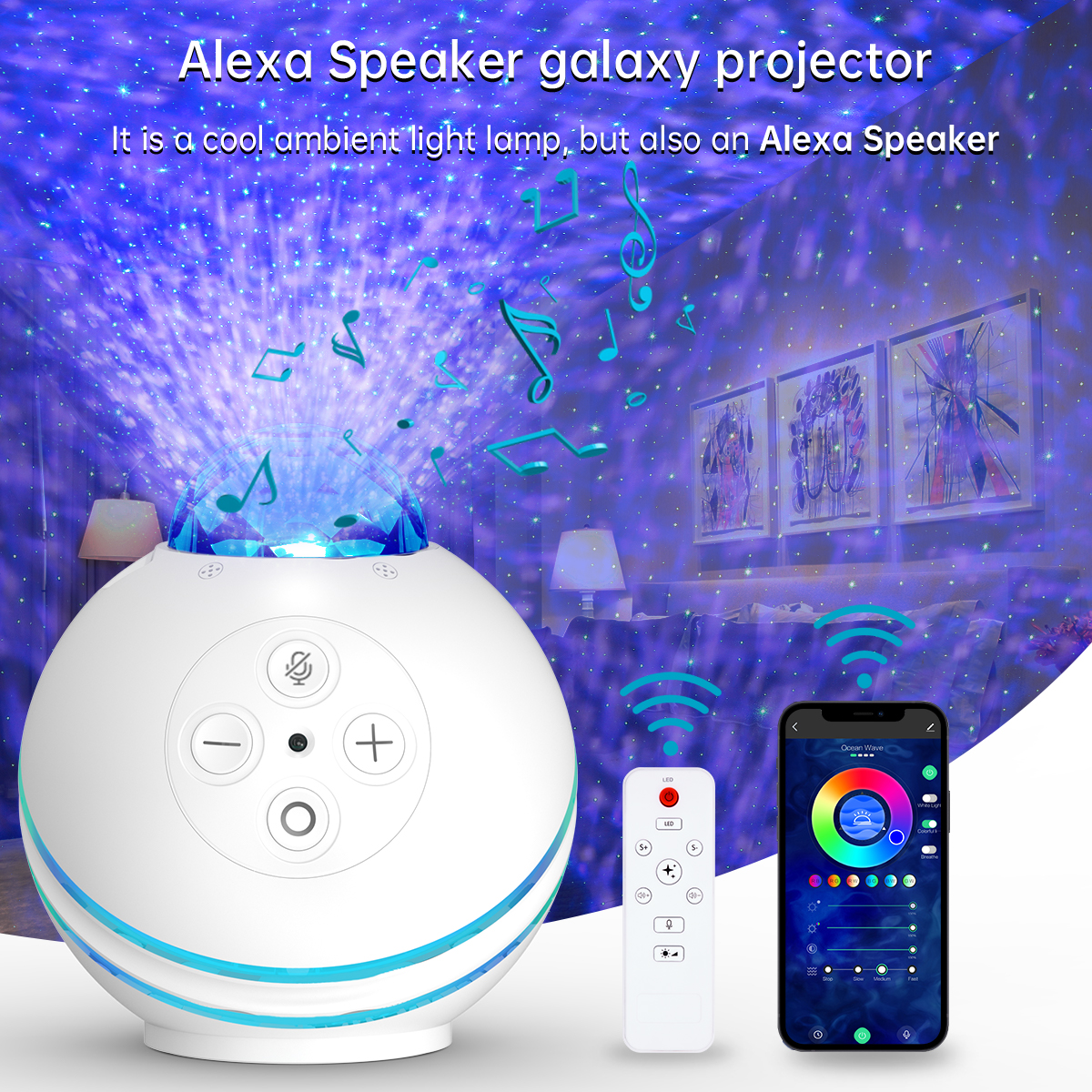 Alexa voice control smart home hub ambient sky led light galaxy star projector smart speaker with Alexa