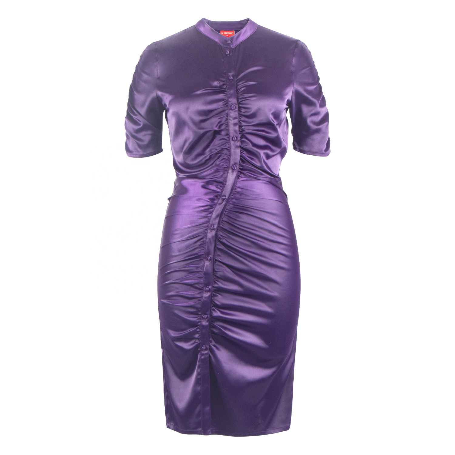 custom OEM satin silk bodycon dress draped half sleeve stand collar designer dressre for women