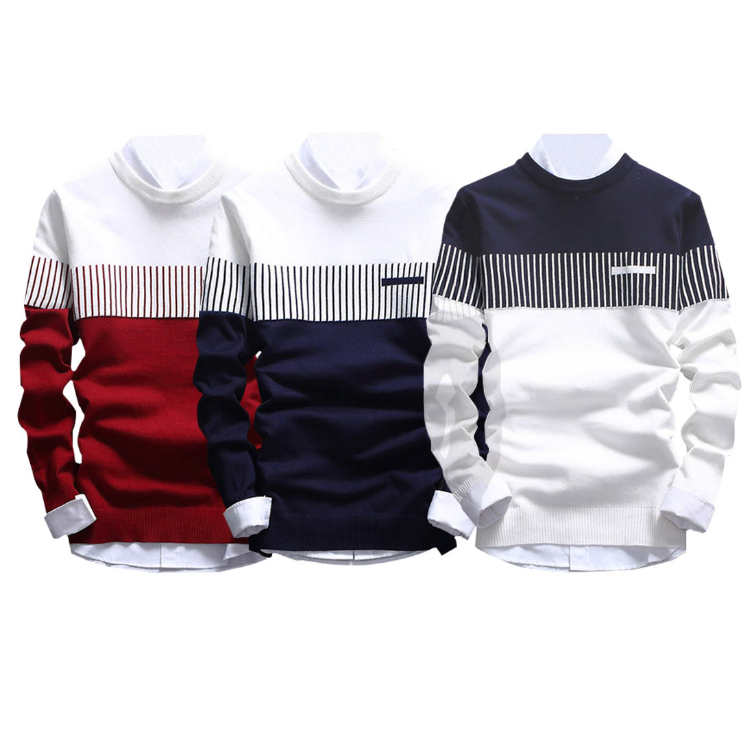 Custom Men's Autmn Winter Fashionable Patchwork Sweater Round Neck Long Sleeve Plullover Sweaters