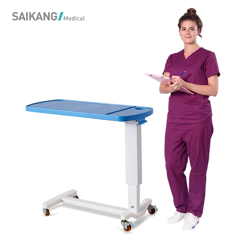 SKH046-2 Factory Movable ABS Plastic Hospital Equipment Medical Service OverBed Table with Wheels