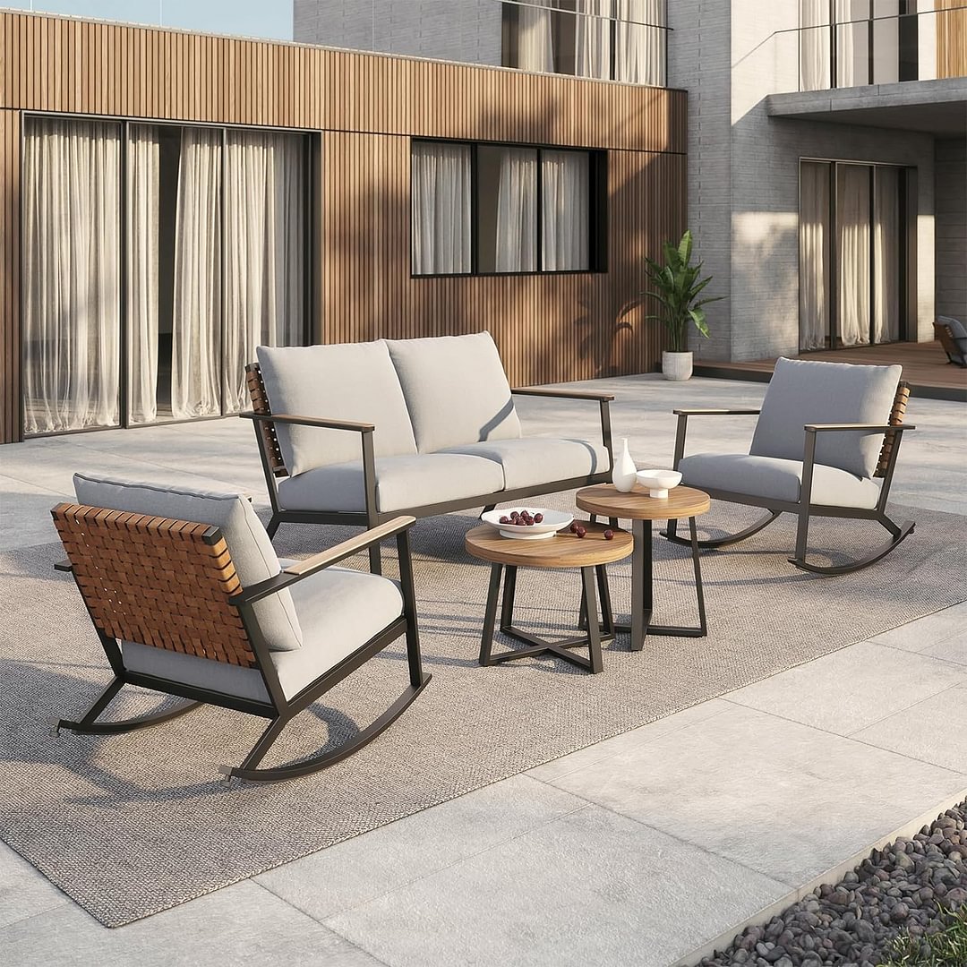 AJUNION Steel Metal Patio Furniture Set All Weather Leather Backrest Rocking Chair Outdoor Furniture Conversation Sets