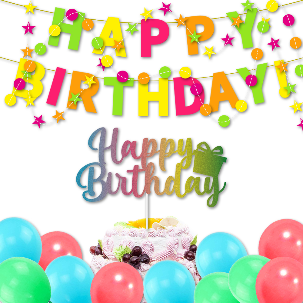 New Product Neon Party Supplies Set including Happy Birthday Glow Banner Paper Circle Dots Star Garlands Balloons Cake Topper