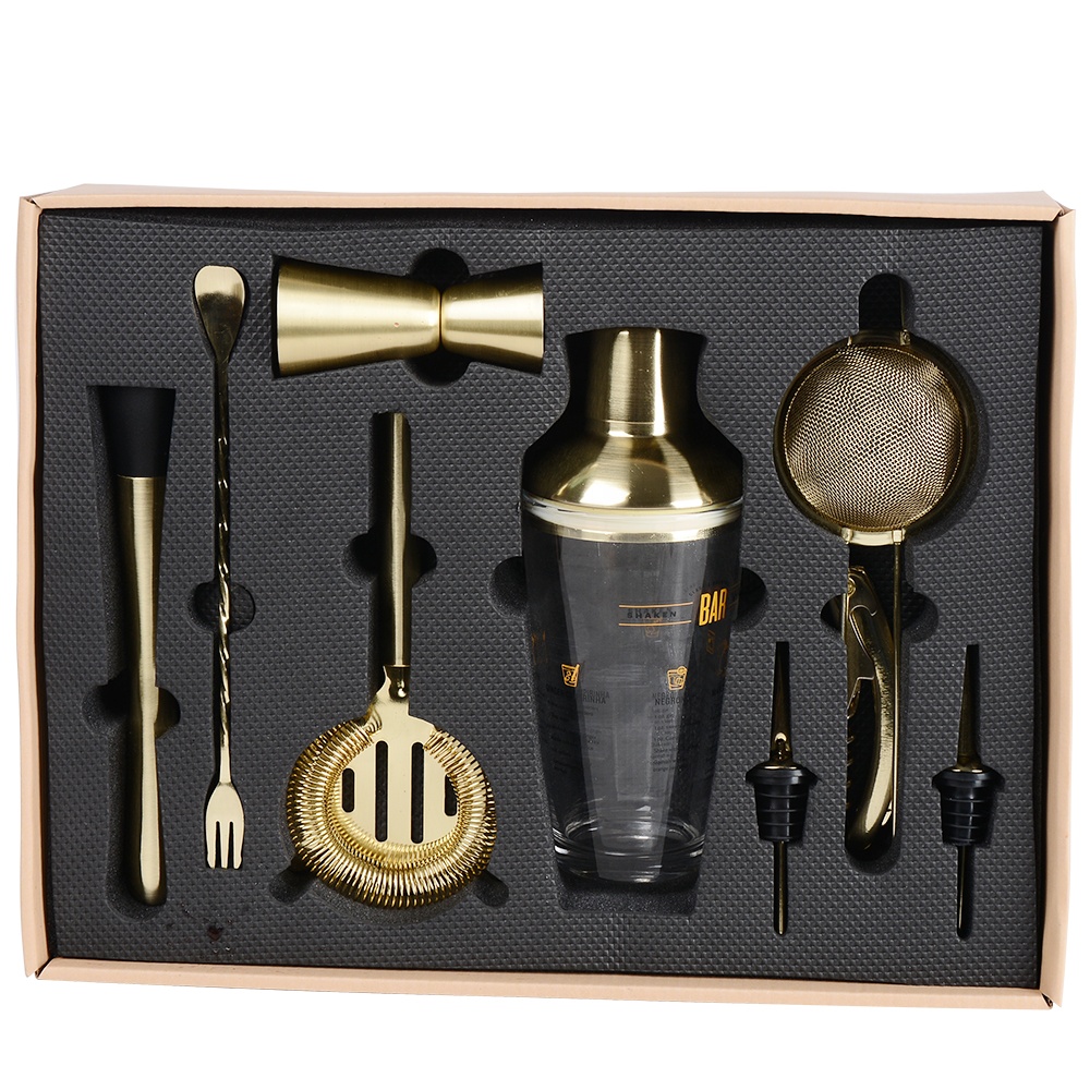 KLP factory direct sales stainless steel 9 pieces bartender tool set glass shaker cocktail bar set