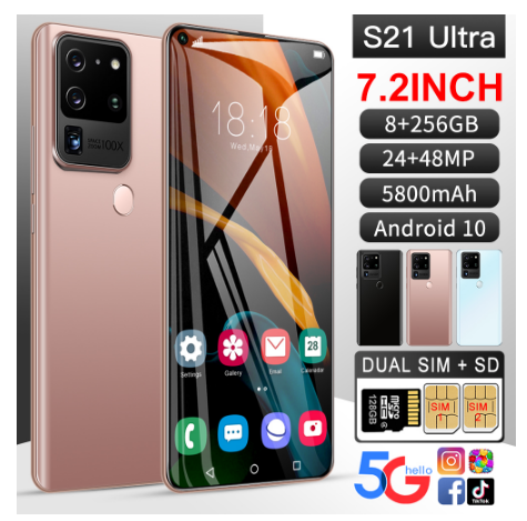 S21Ultra 5G 8G 256 ГБ разблокированный смартфон сотовый телефон 7,2 OLED дисплей десятиядерный 5800 мач отпечаток пальца две SIM-карты мобильный телефон