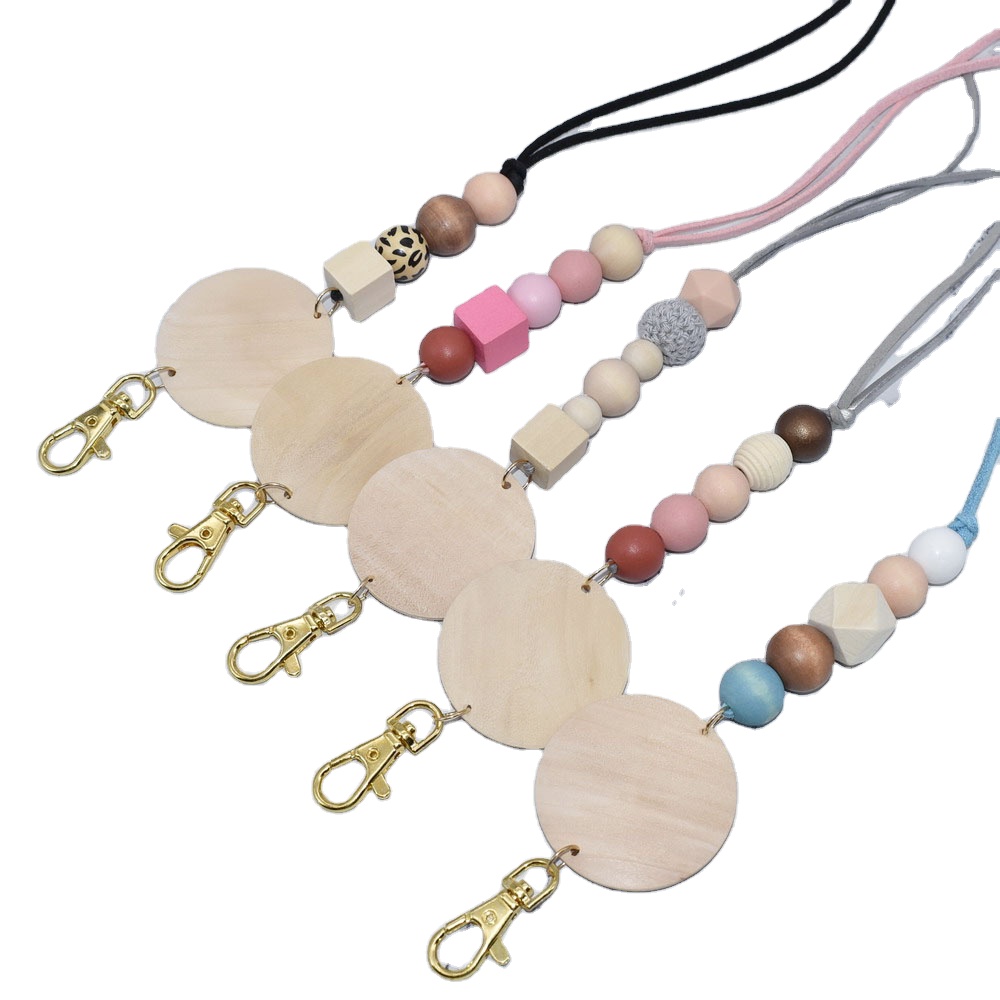 Longer suede chain wooden disc personalzied silicone wood beads teacher lanyard keychain