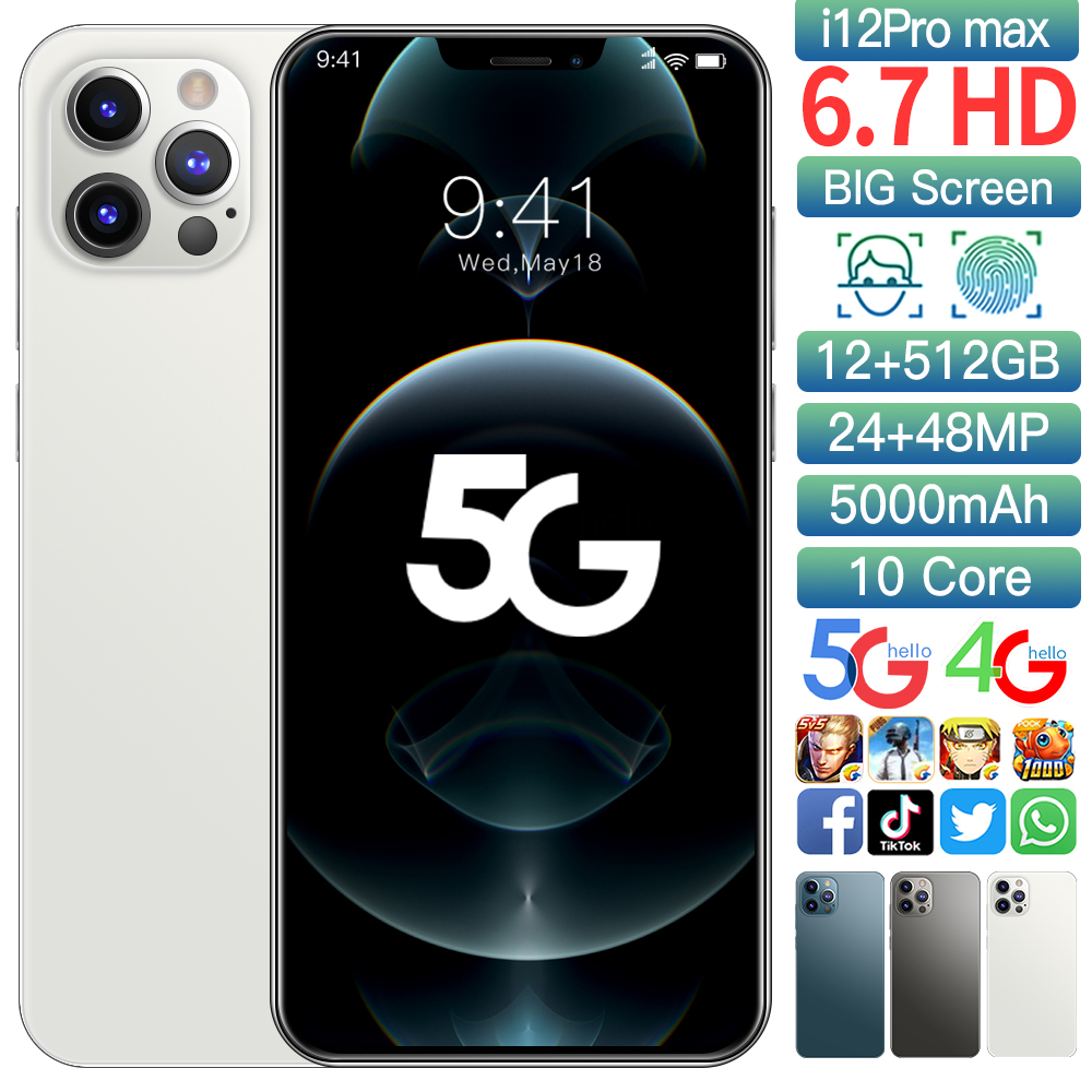 I12 Pro Max 6,7 дюйма 12 ГБ 512 Android смартфон 10-ядерный 5 г пусть телефонный 3 камера MTK6889 face ID Разблокировка мобильного телефона