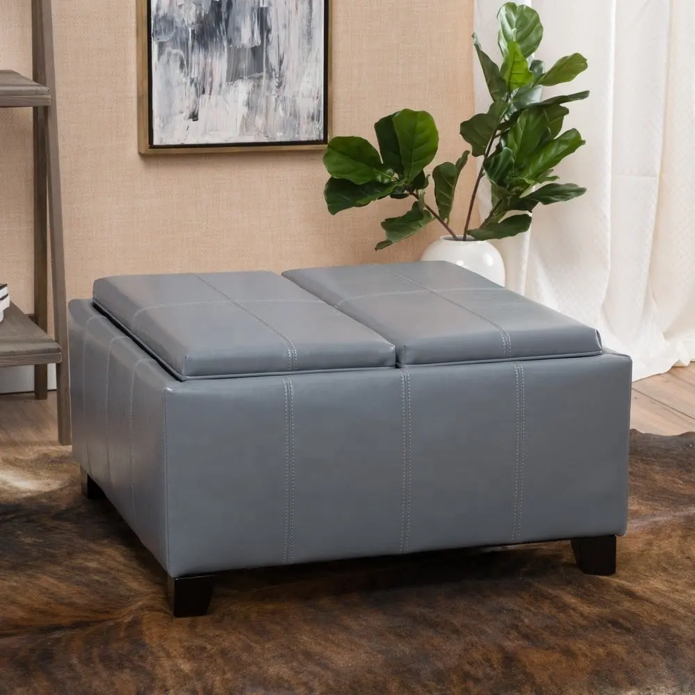 Wooden Frame Upholstered Storage Ottoman Coffee Table Grey Faux Leather Square Stool