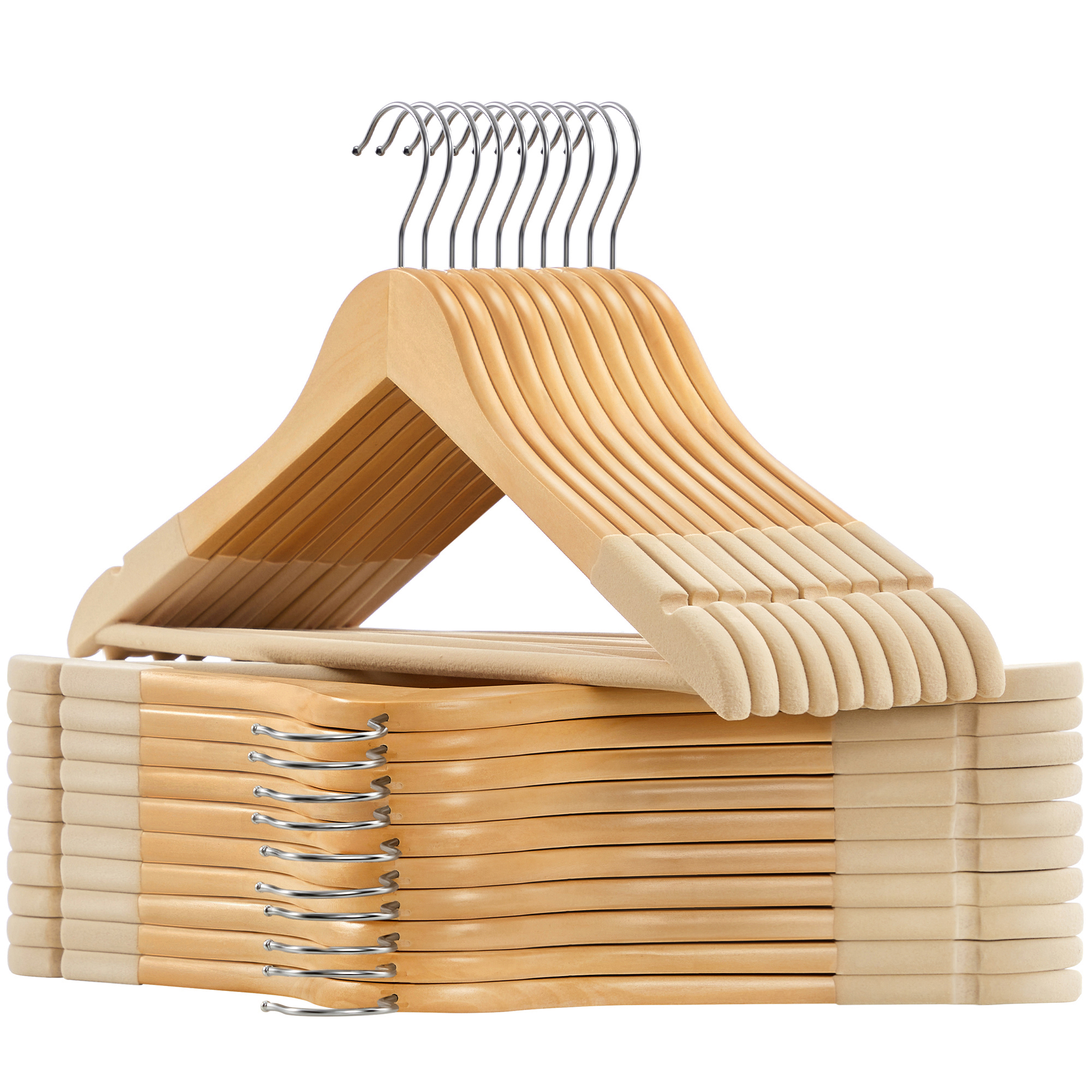 SONGMICS 20-Pack Clothes Hangers with Shoulder Grooves and 360° Swivel Hook Non-Slip Coat Hangers Rubber Coated Wooden Hanger