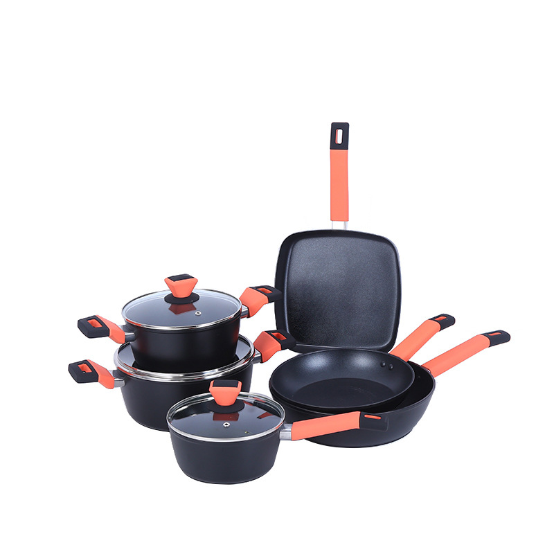Cast Iron Non Stick Cookware Set Enamel Pots 9pcs Cooking Cookware Set With Soft Touch Handle