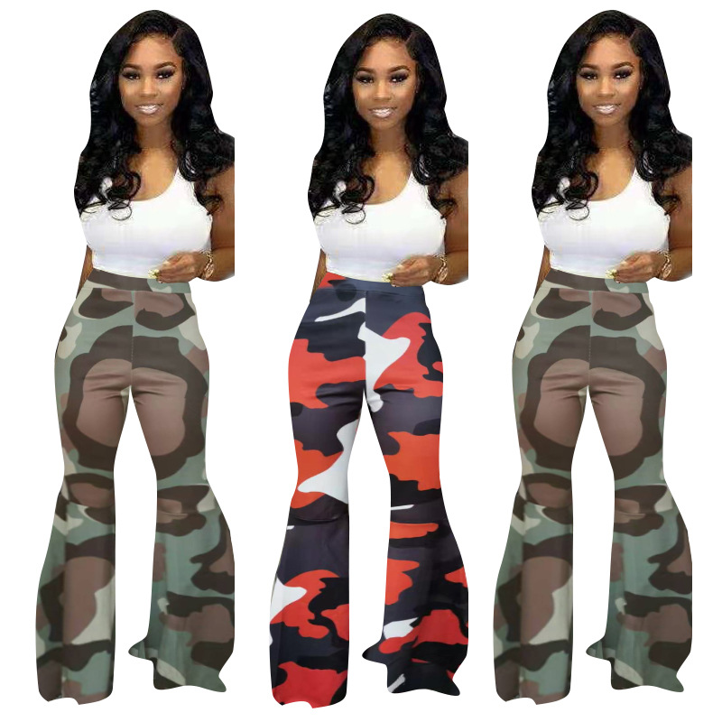 2019 Ladies Bell Bottom Pants Camo Print High Waist Long Pants Women Washed Flare Pants