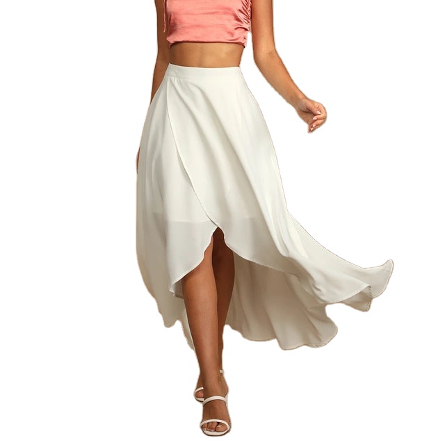 2021 Designed Simple Thin Soft White High Waisted High-Low Midi Skirt For Women