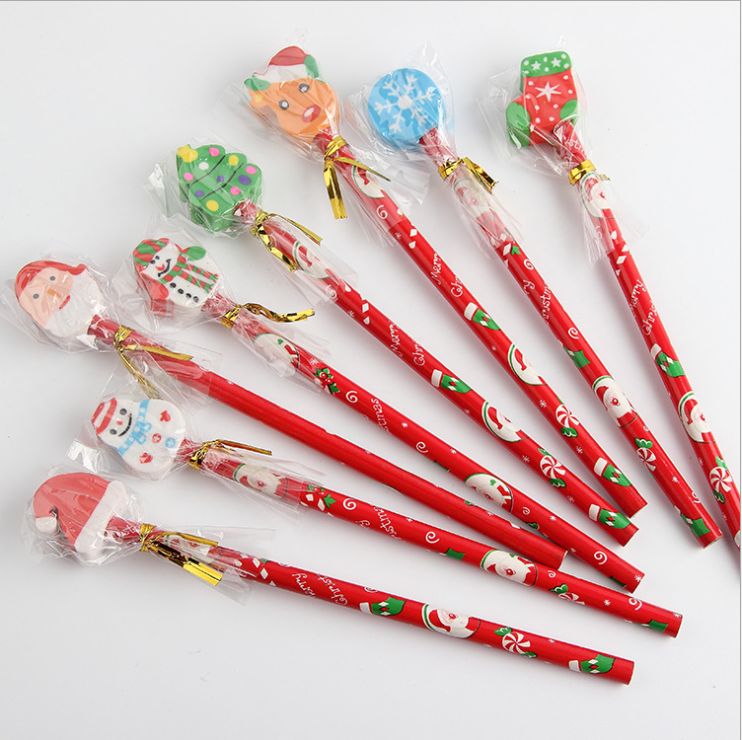 Personalized Christmas eraser topper Logo branded FSC HB wooden Pencil