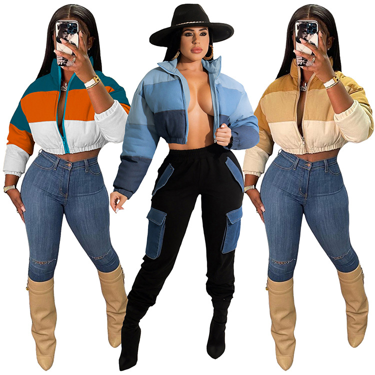Zipper Turtleneck Warm Short Bubble Coat Patchwork Gradient Denim Puffer Coat Womens Winter Clothing 2021