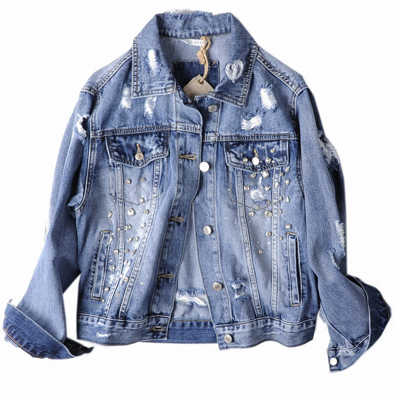 Full Sleeve Length Blue Rhinestone Crop Plus Size Jeans Jacket Women