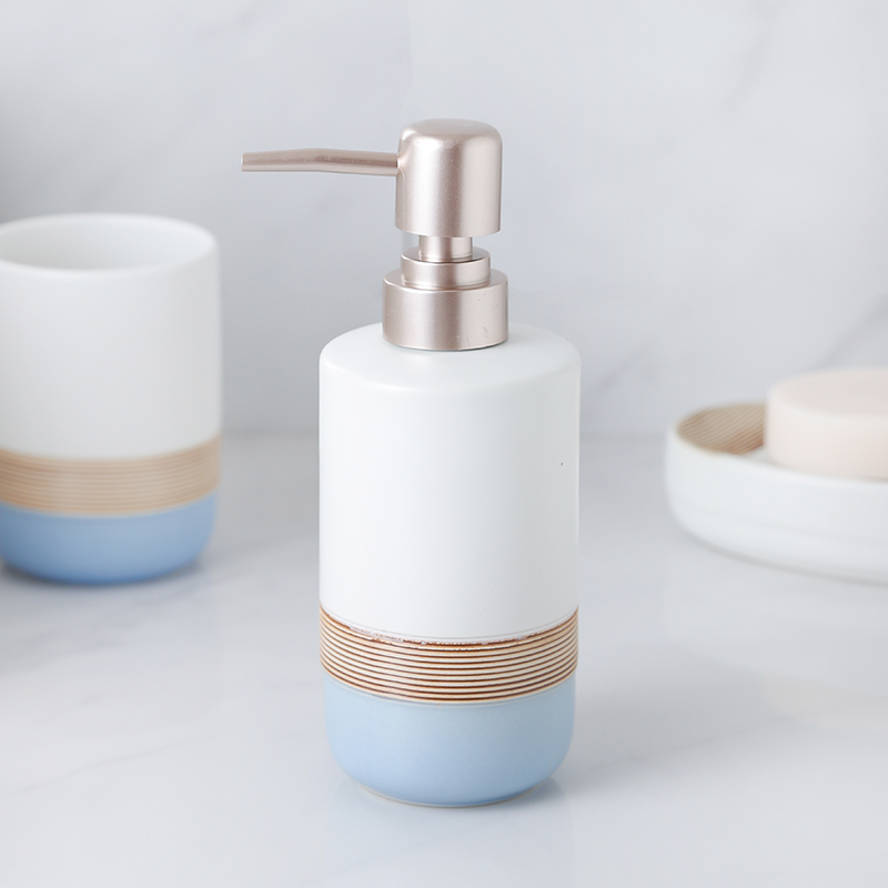 Blue and White Ceramic Bathroom Set, 4 Pieces with Soap Dispenser, Toothbrush Holder, Tumbler, and Soap Dish for Home or Hotel