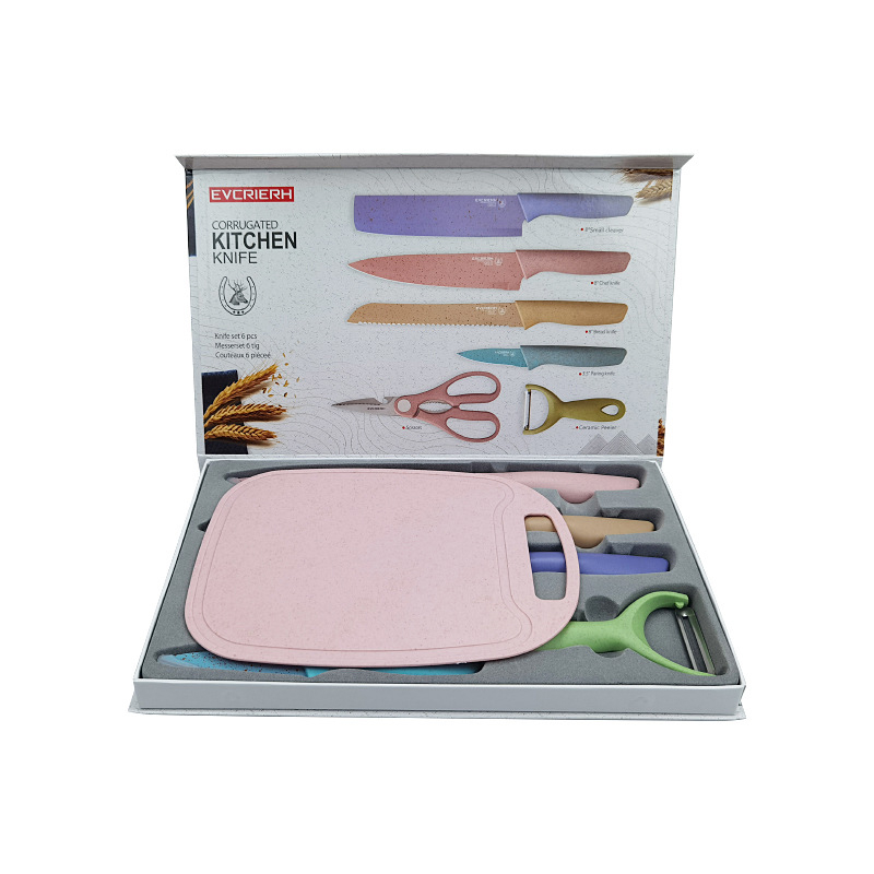 Hot Sale 6 Pcs/set Wheat Straw Kitchen Accessories Stainless Steel Kitchen Knife Set With Cutting Board