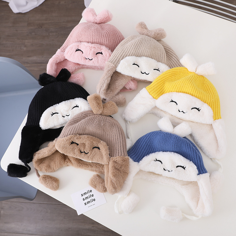 Hot Selling Winter knitted earmuff hat pattern Fleece Lined knitted kids funny cute warm wool hats