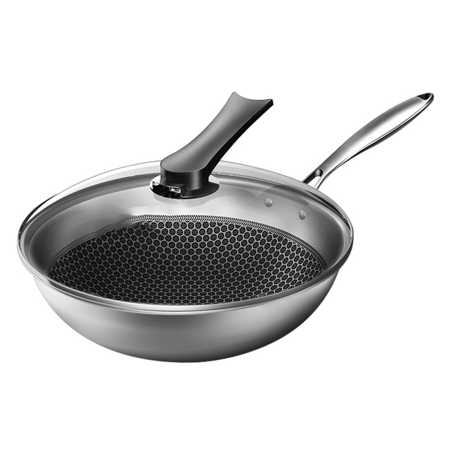 Hot custom kitchen wok 32cm nonstick pan stainless steel wok honeycomb nonstick bottom kitchen cookware frying pan with lid