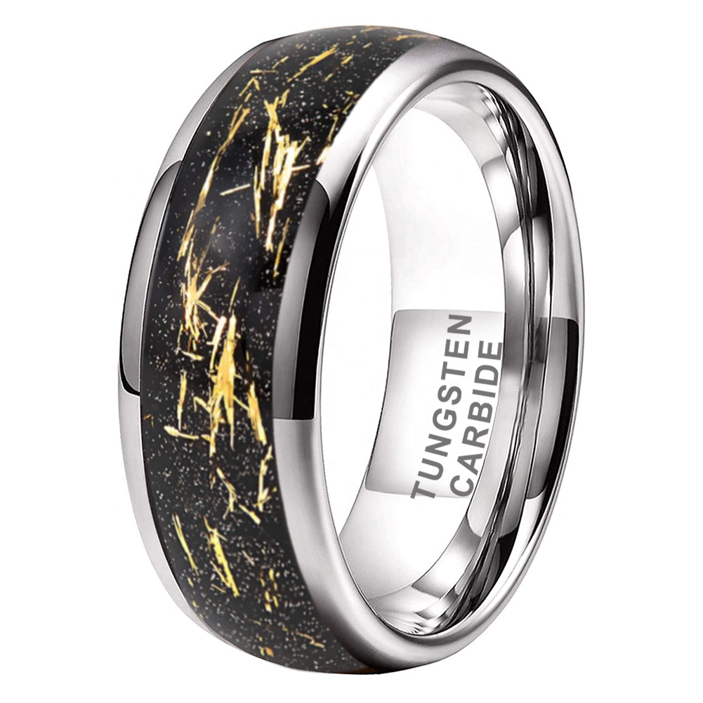 Coolstyle Jewelry 8mm Wholesale Black Sandblasted Stone Gold Foil Inlay Engagement Wedding Band Tungsten Ring for Men Women