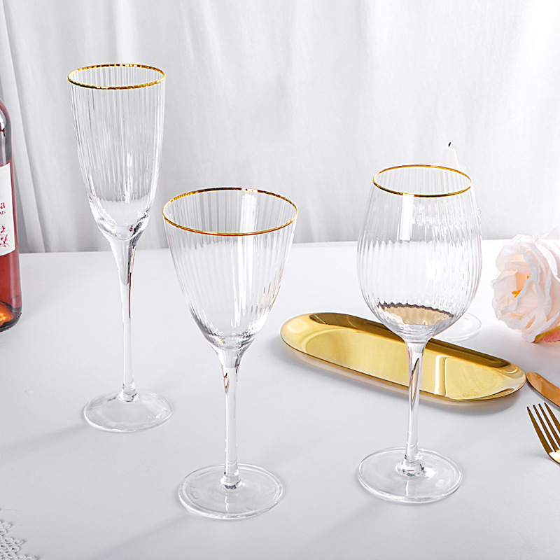 Wholesale handmade blown glass cup wedding party champagne flute stemware wine glass goblet with gold rim for gift wedding party