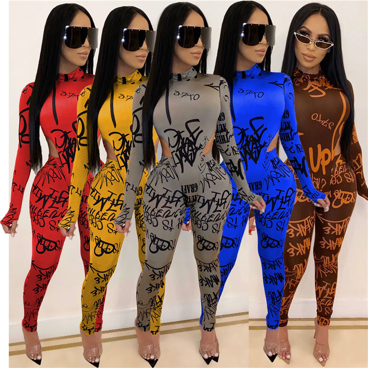 2021 Online hot sale fashion high collar long sleeve letter print bodysuit jumpsuits pencil pant two piece set women clothing