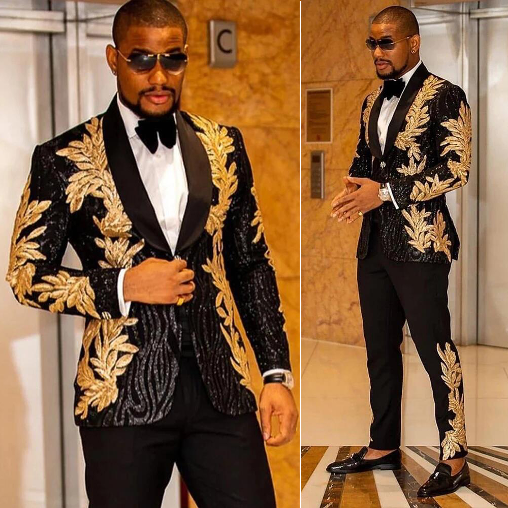 Shinny Embroidered Two Pieces Mens Blazers Sequin Tuxedos Men's Suits 2021 for Celebrity Host (Jacket+Pants)