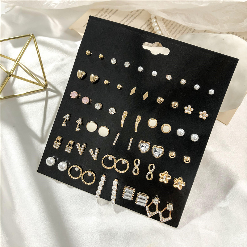 30 pairs of popular jewelry set creative and versatile personalized pearl Rhinestone geometric combination earrings and Stud Set