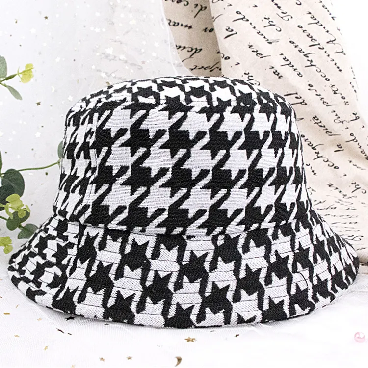 New 20% cotton 80% polyester white black houndstooth bucket hat plain cotton custom logo bucket hat
