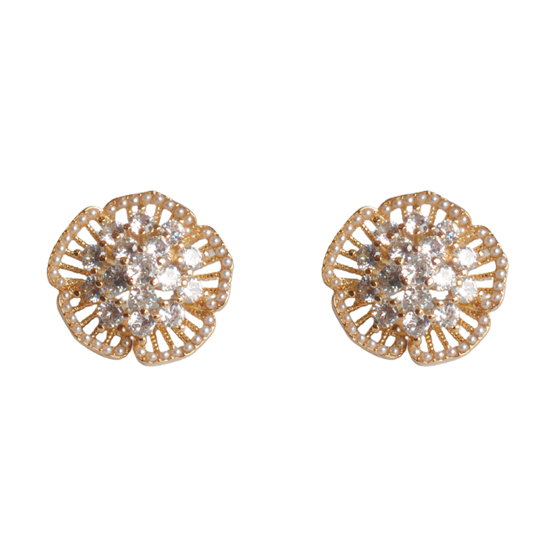 925 Silver Retro Small Fragrant Wind Zircon Flower Earrings.