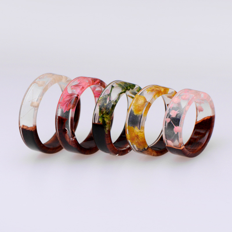 Rings woman Handmade plant resin Wood transparent ring Creative and popular retro hand jewelry