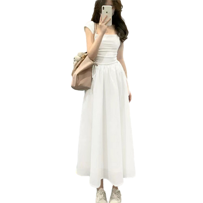 Tea Break French Square Neck Ladies Summer Sexy Dress 2023 New Elegant Pure Milk Sweet women's clothing Casual dress