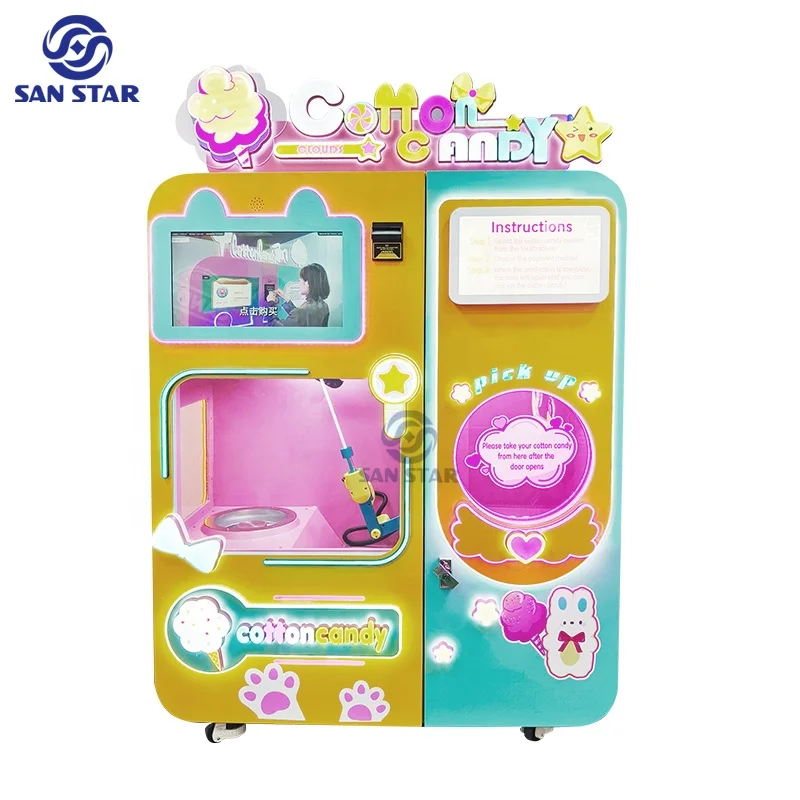 Commercial Cotton Candy Floss Machines Robot Arm Sugar Making Trade Fully Automatic Cotton Candy Vending Machine
