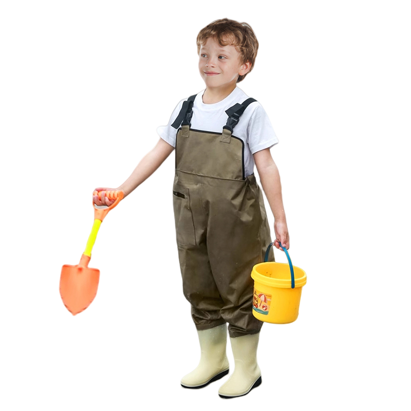 Custom Child Fishing Wader Suit with Breathable Nylon Zip Pocket Waterproof and Skin-Friendly Rubber Outsole Boots